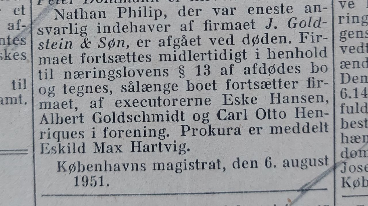Meddelelser om Nathan Philips død 1951